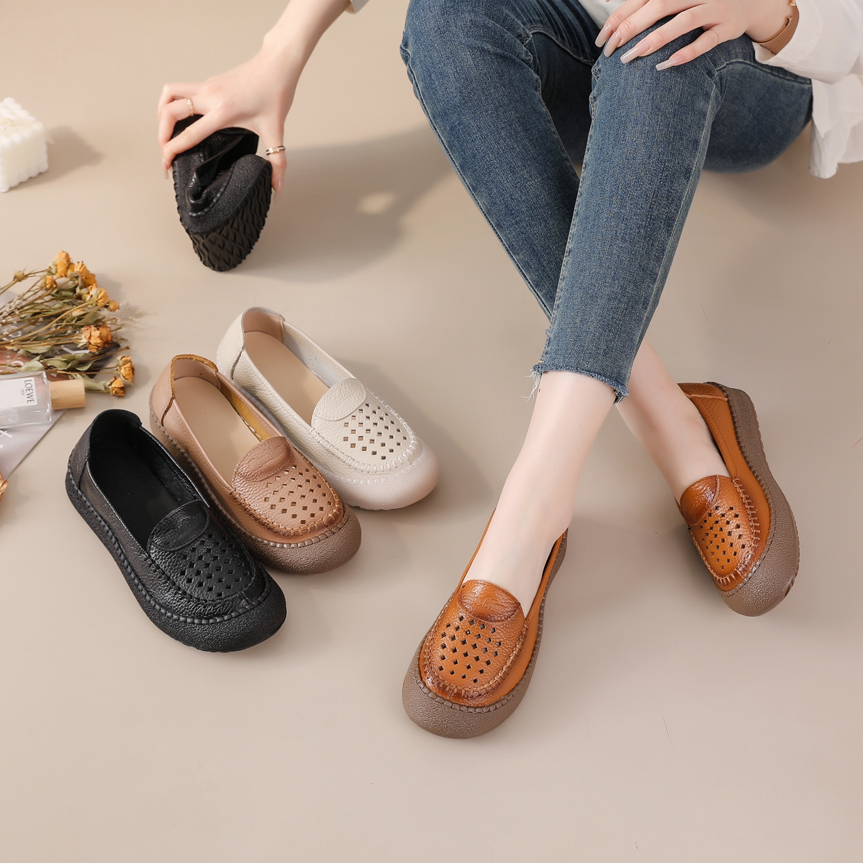 新头层牛皮女包头镂空休闲中老年老人洞洞鞋夏季防滑透气舒适平底