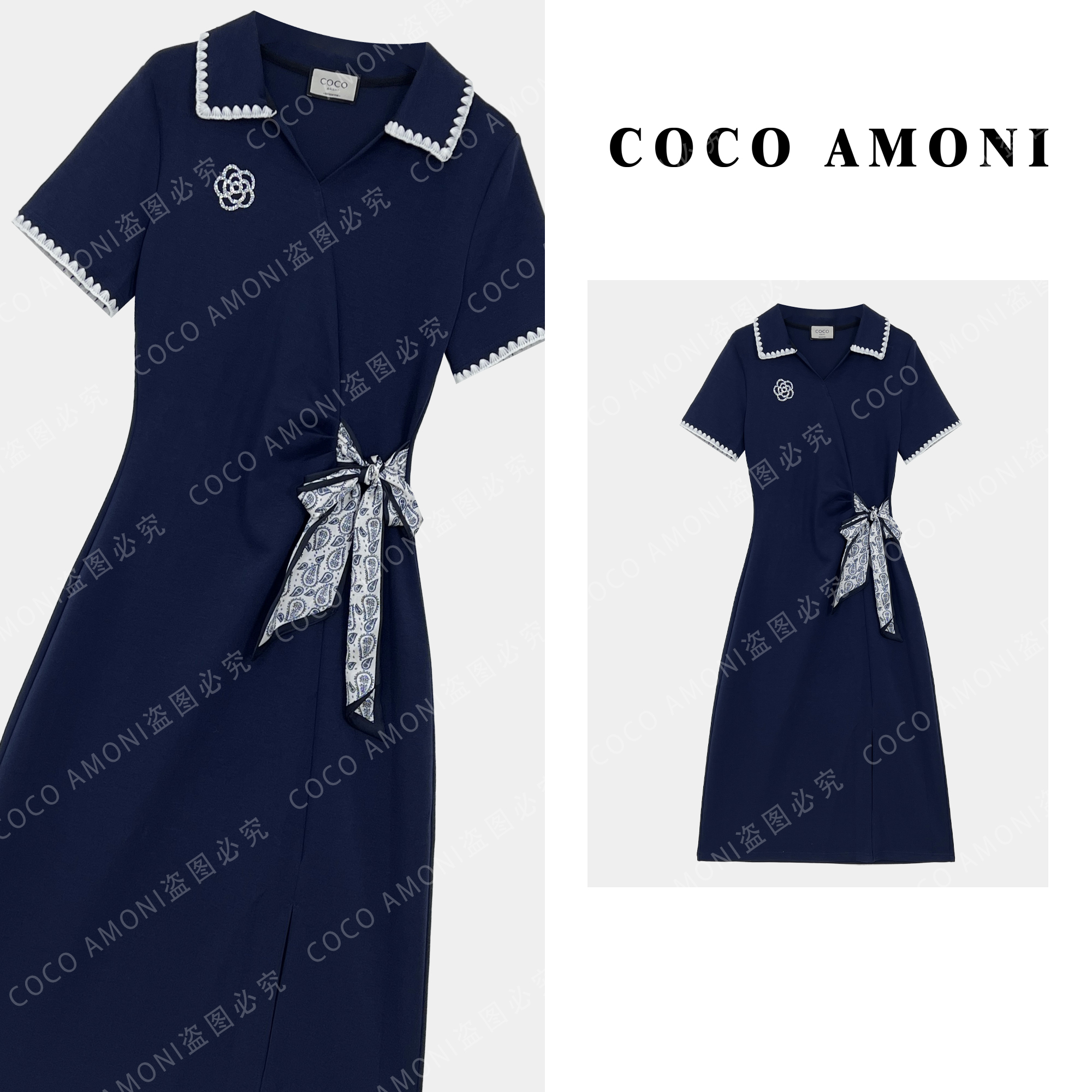 [曼姐]新款重工蝴蝶结女装拼接亮钻捏褶收腰气质连衣裙ZC771