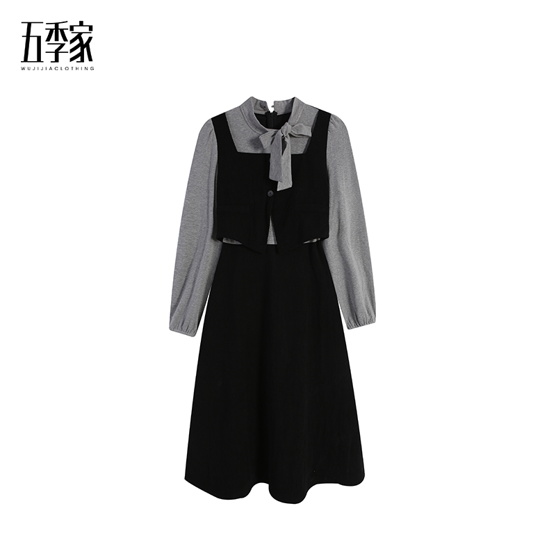 【五季家大码】秋冬拼接假两件显瘦黑拼灰连衣裙ZL115622