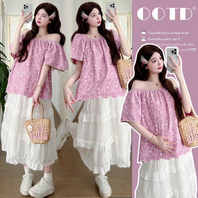 【晚媛诺】2025夏季新款孕妇镂空钩花一字肩小清新花边上衣半身裙