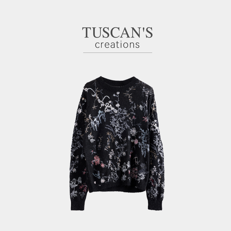 TUSCAN'S CREATIONS秋季新款圆领刺绣时尚印花毛针织衫双鱼女装