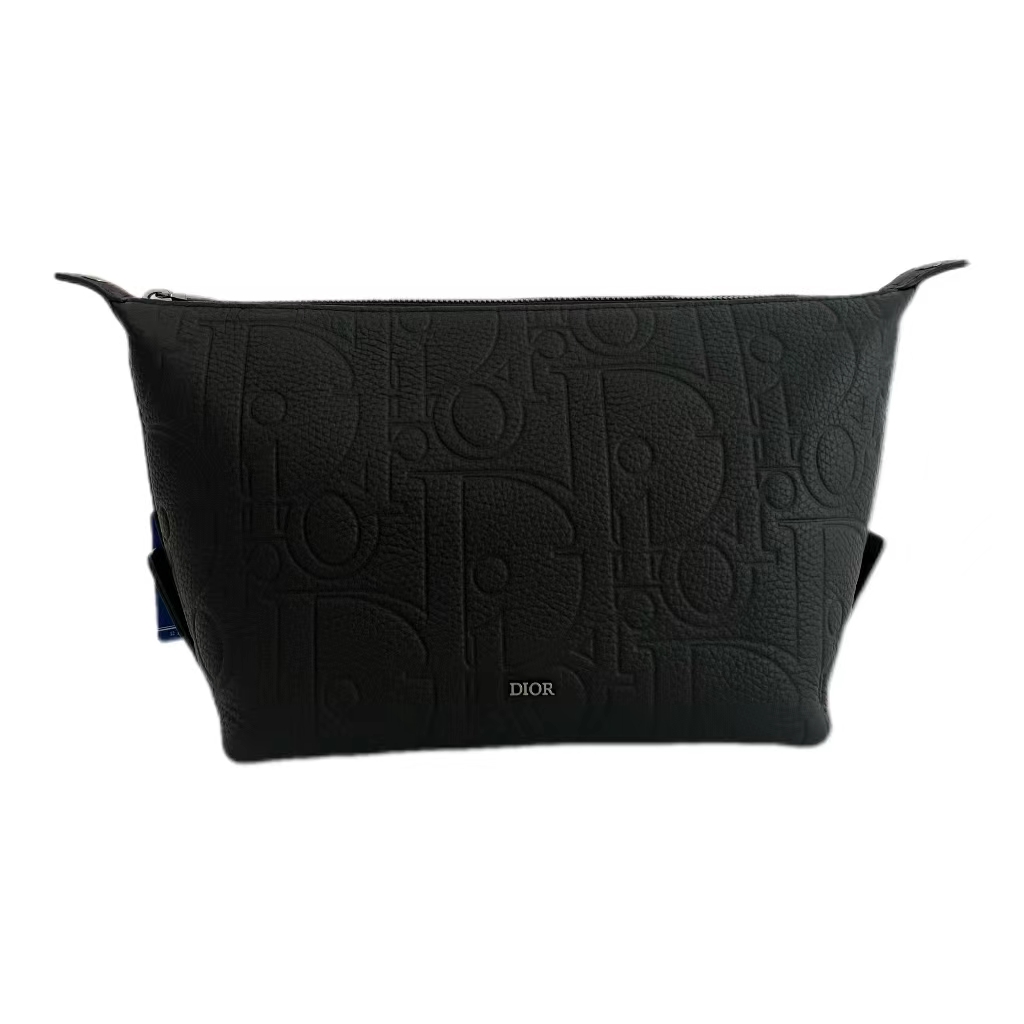 全新未使用 DIOR/迪奥 黑色压纹全皮 洗漱包 手拿包