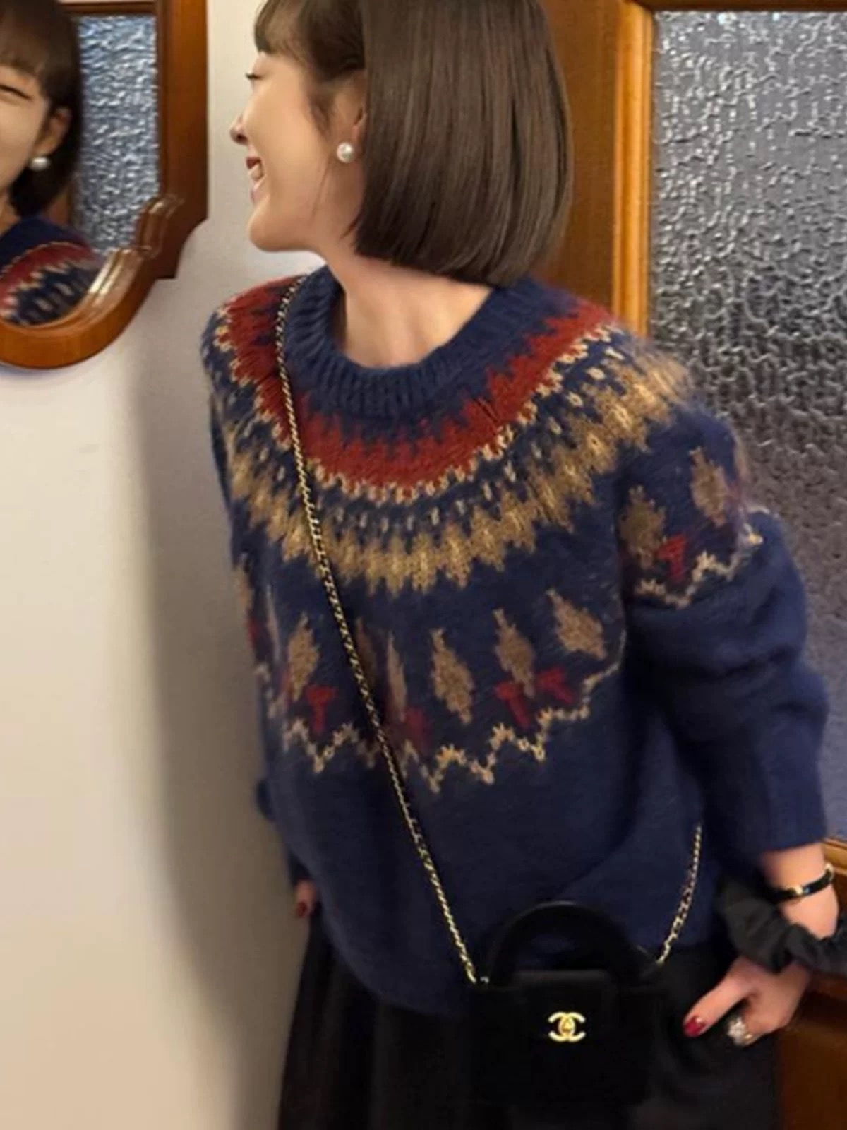 藏青色针织费尔岛马海毛毛衣女秋冬宽松慵懒风圣诞设计感小众上衣