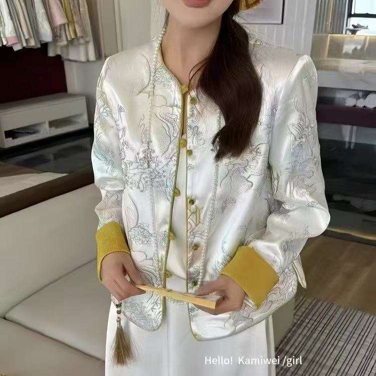 中式高级缎面立领提花中国风刺绣国风外套2025新款款轻奢复古上衣