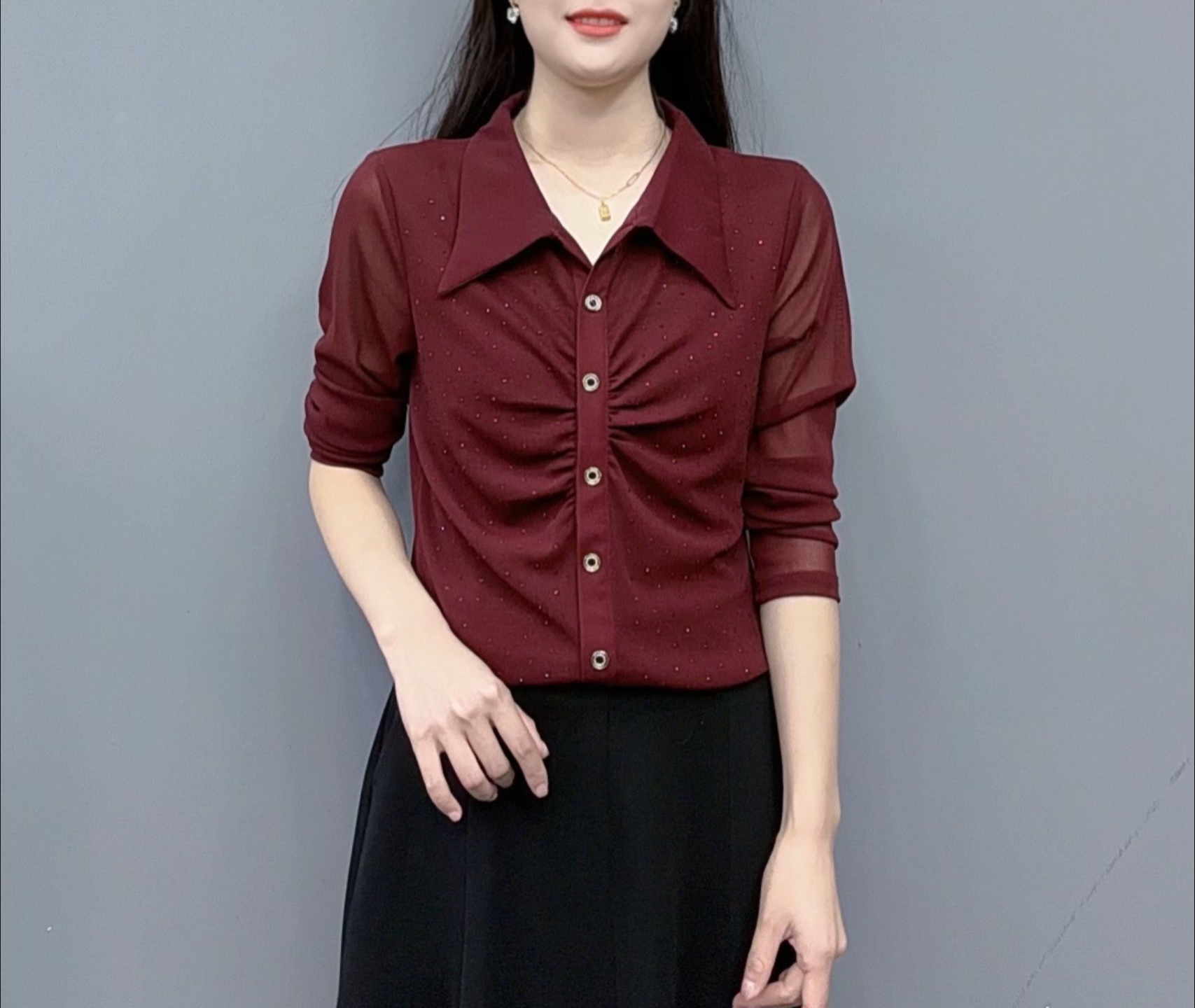新款百搭遮肉显瘦气质时尚百搭领女装方领上衣#9188