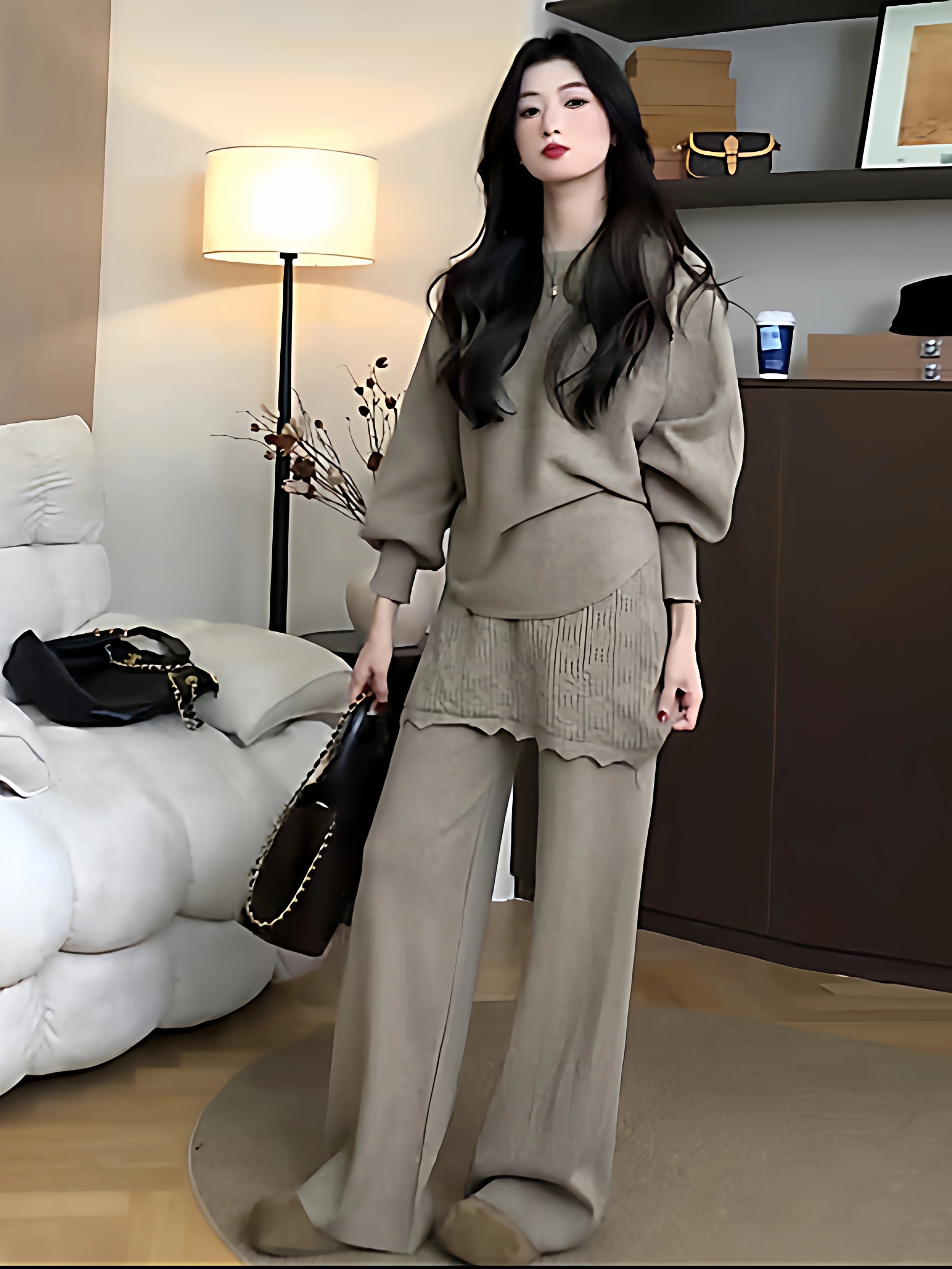 【MXING】冬！蝙蝠斗篷+勾花屁帘阔腿裤套装36