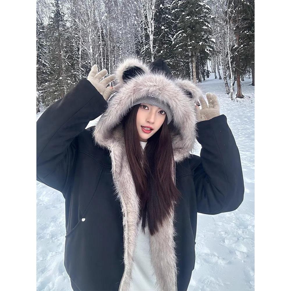 美式座山雕毛领兔耳冬季加厚保暖棉服2025新款男女情侣麂皮绒外套