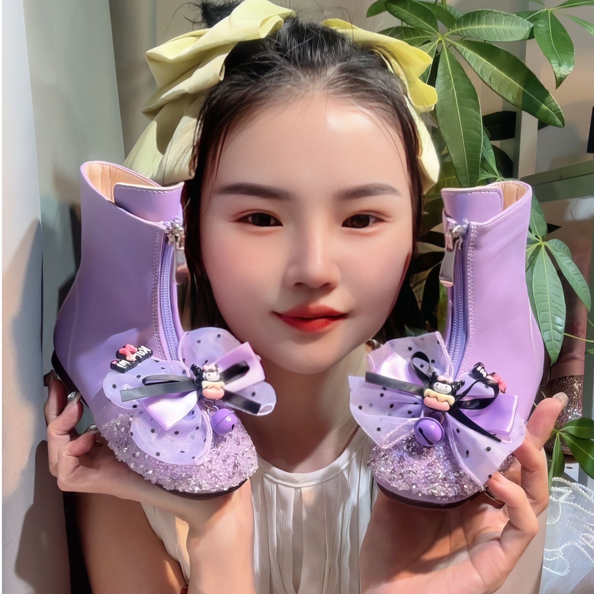 紫色女童鞋花童主持礼服春秋时尚百搭小女孩现货儿童短靴软底靴子