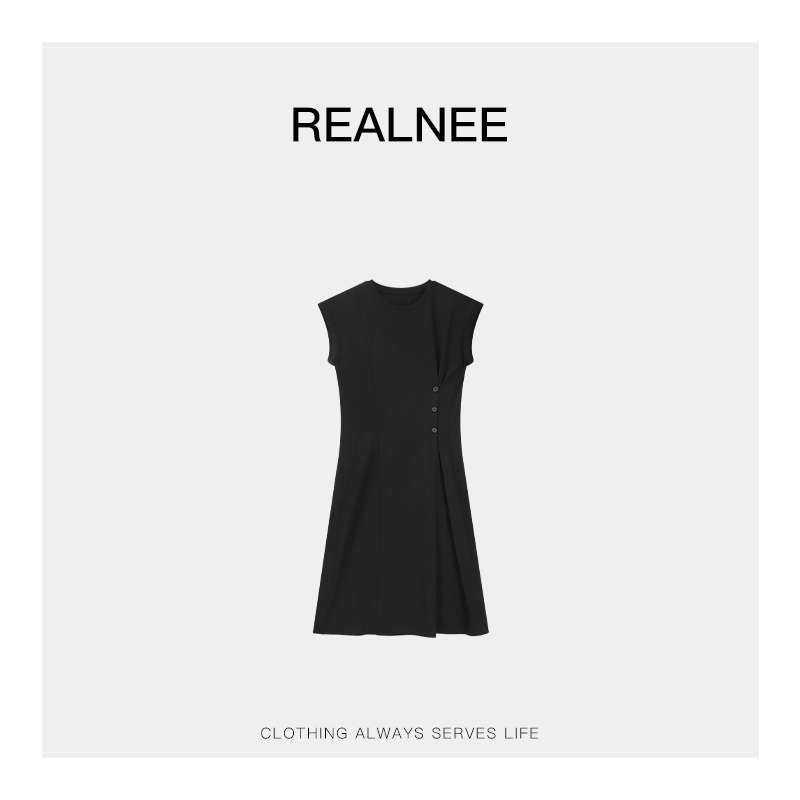 REALNEE【松弛一夏】极简褶皱小飞袖连衣裙知性松弛感随性穿搭03717