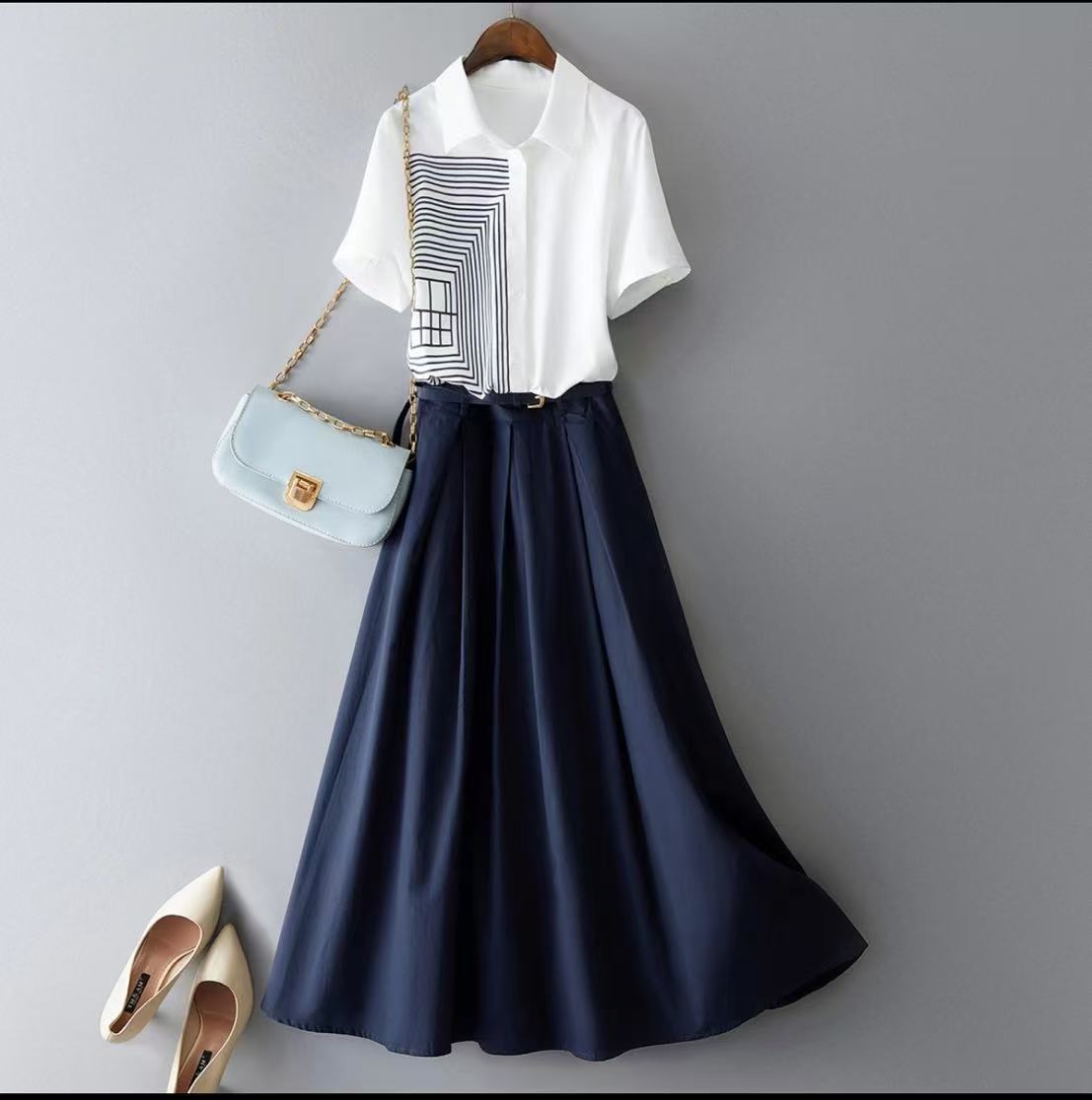 2025年夏新款女装印花衬衫百搭半身裙套装05225