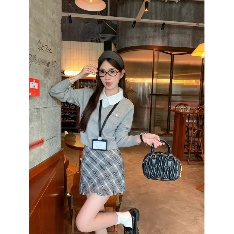 【YY专属】秋冬毛衣衬衫假两件学院风针织衫韩系格子短裙半身裙套装