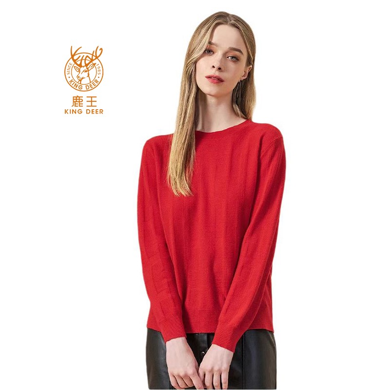 鹿王女士秋冬红色纯长袖山绒衫套头休闲百搭圆领打底针织毛衣