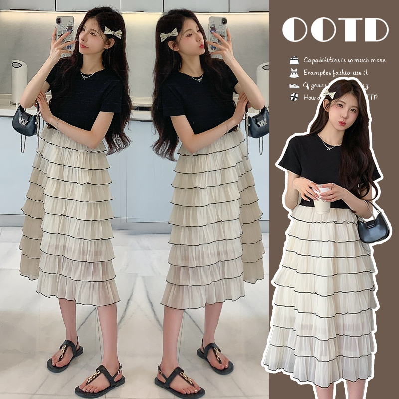 SuSu孕妇连衣裙潮蛋糕裙小香风夏季短袖拼接连衣裙韩版百褶纱裙风