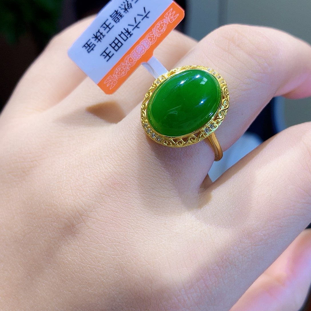 和田玉（碧玉）戒指银S925镀金镶嵌