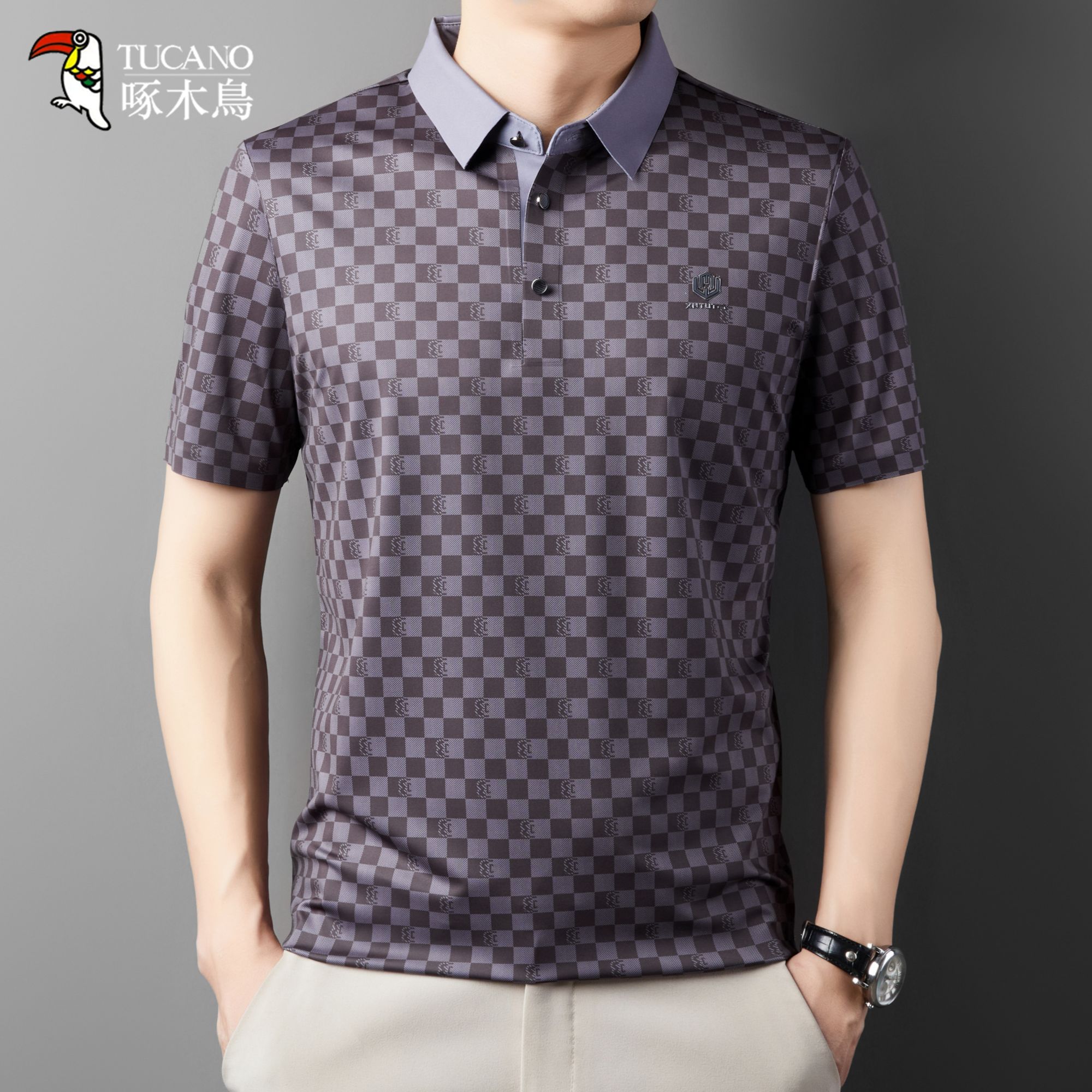 【格子POLO衫】啄木鸟2025下款男士翻领百搭套头上衣中年短袖POLO衫