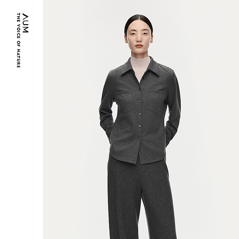AUM噢姆25年秋冬时尚翻领简约灰色修身通勤毛呢衬衫M1FZ41829