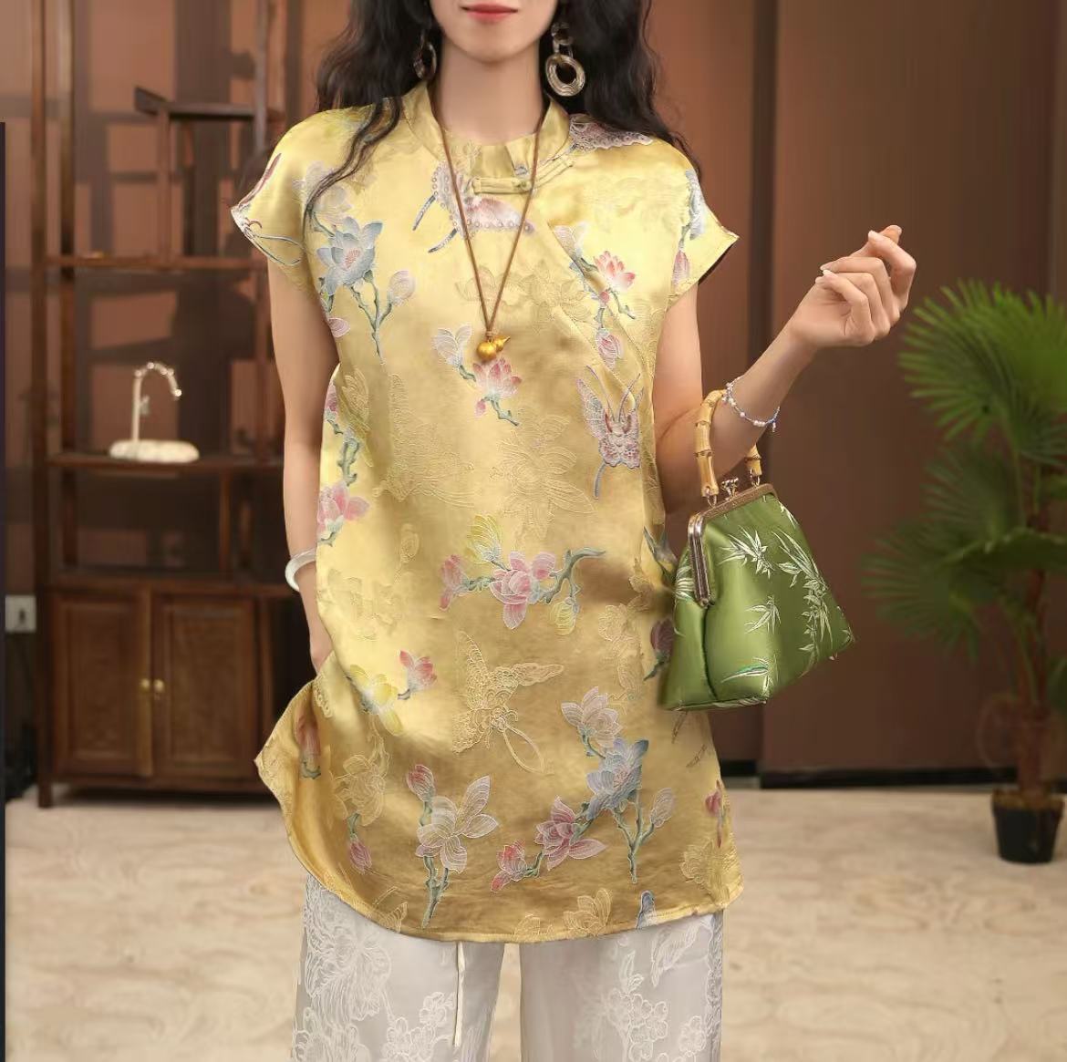 【现货-有险】女新国风百搭高定新中式丝缎上衣奥黛桑蚕丝香云纱