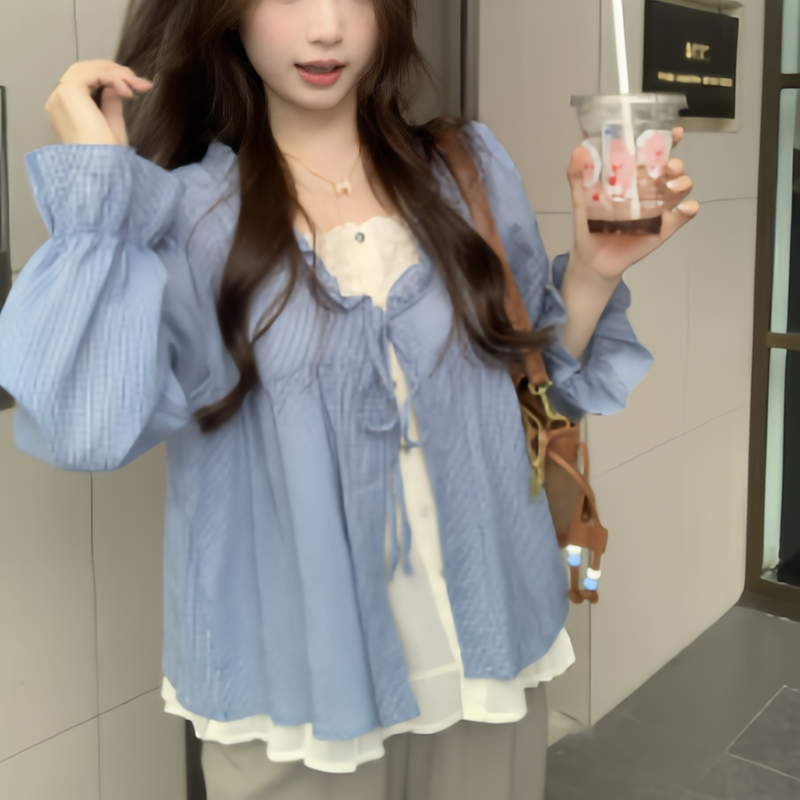 大码秋季新款韩版重工设计感系带假两件百搭减龄甜美上衣