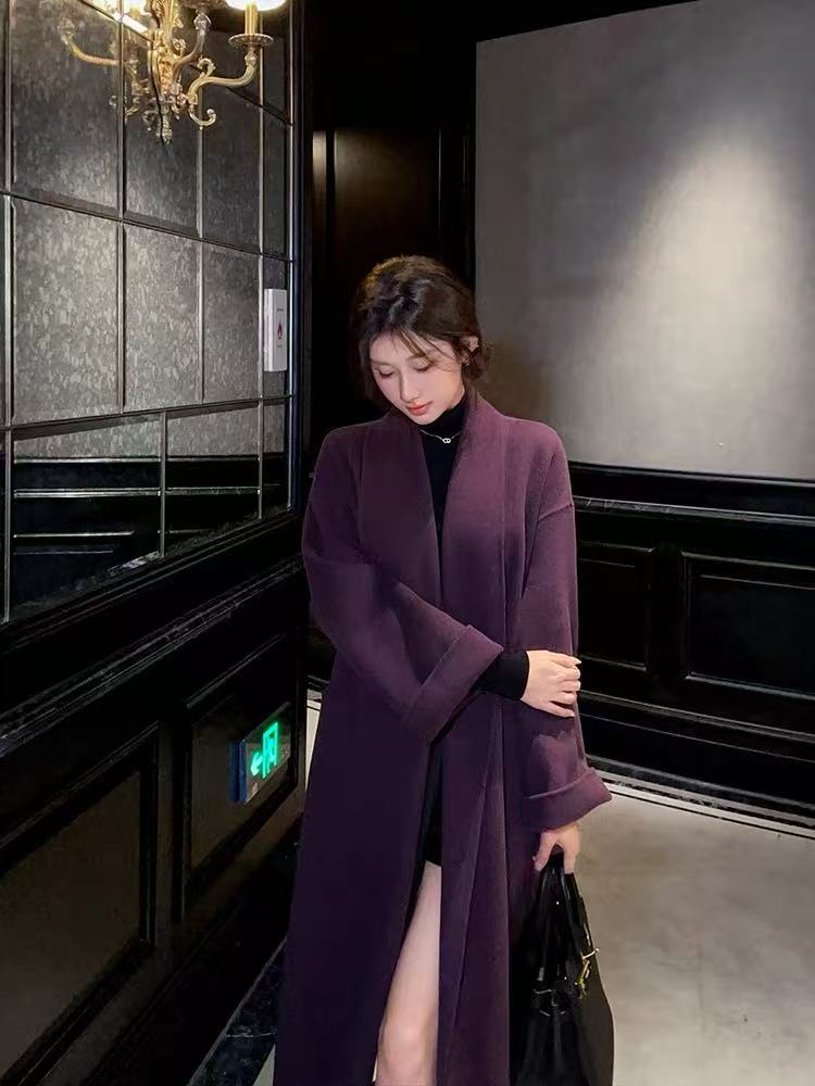 紫色长款纯色秋冬大衣宽松设计感强小码衣长120cm大码衣长130cm