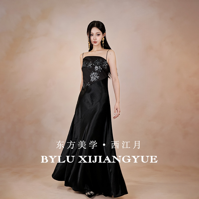 帛录【西江月】新中式珠片刺绣拼接抹胸吊带连衣裙女国风缎面长裙