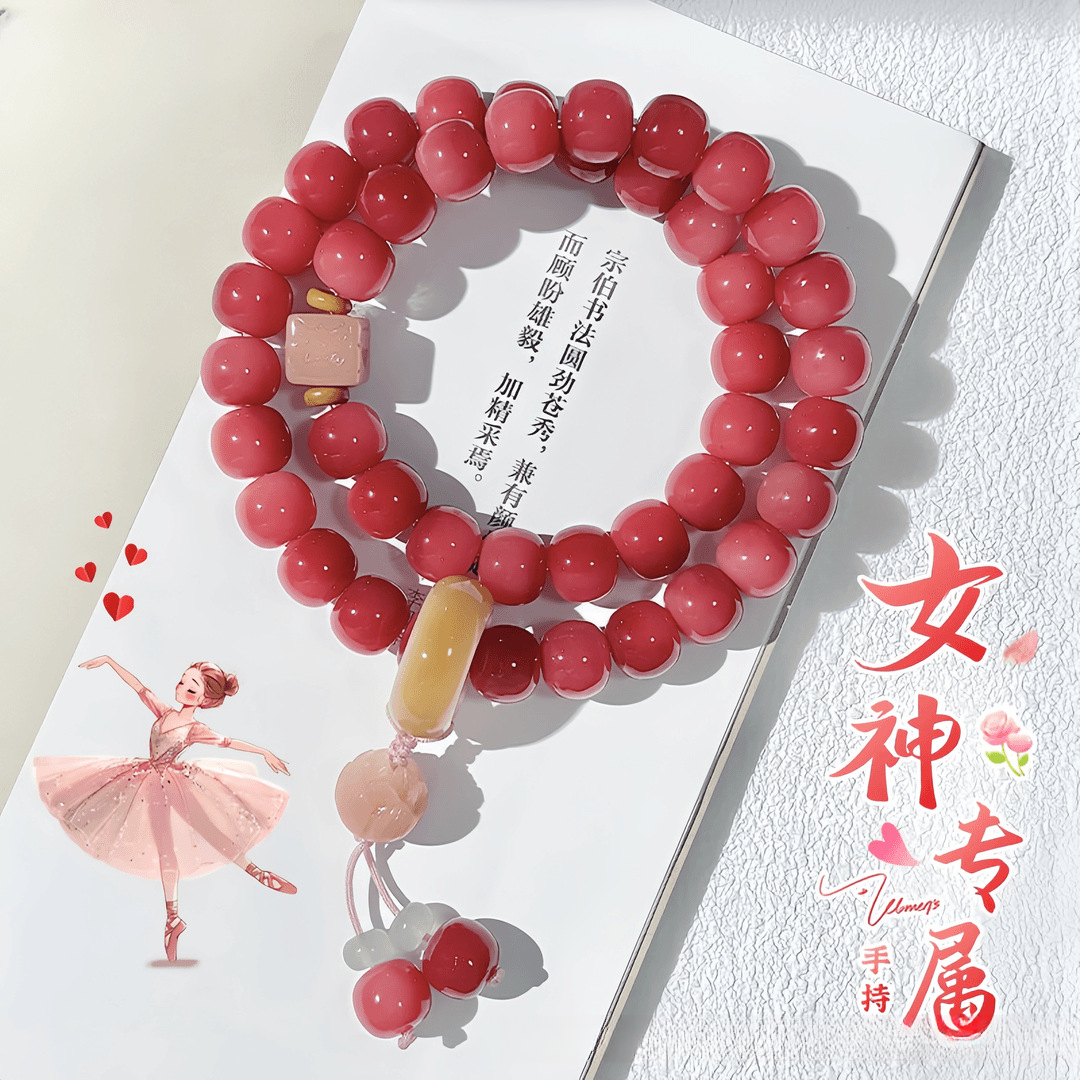 菩提手链 粉紫女款国风双圈手持莲花文玩菩提根盘玩佛珠手链