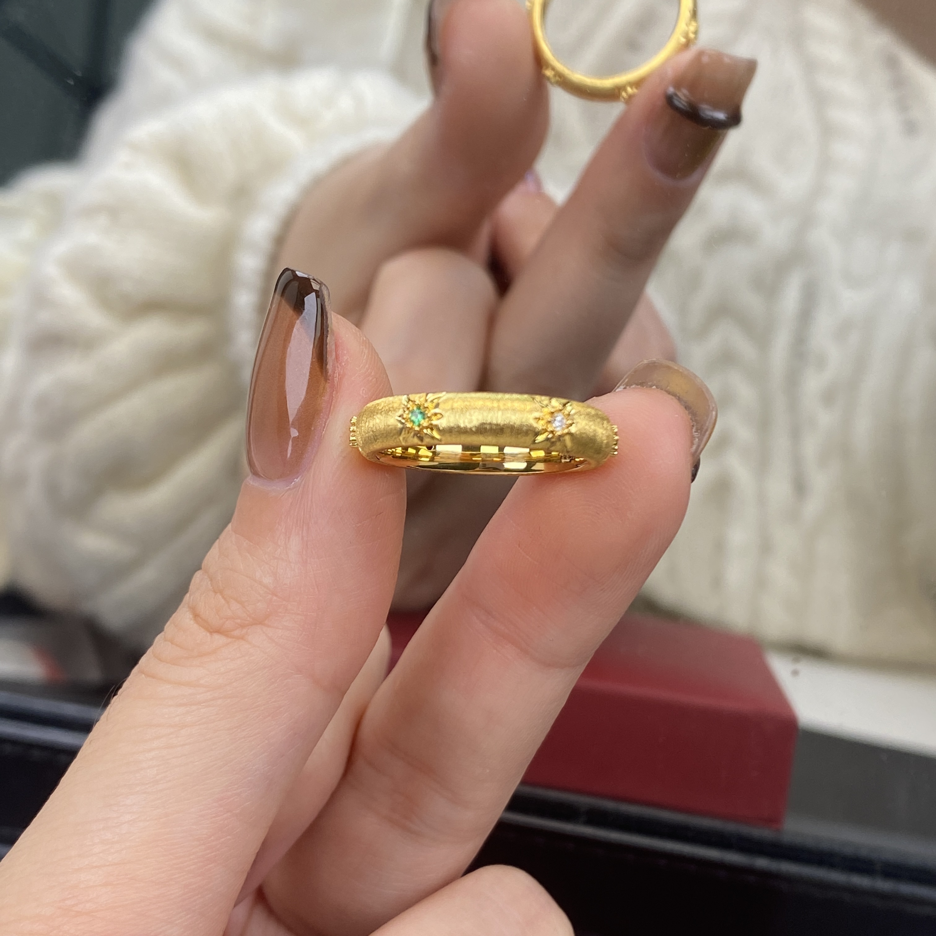 璟金珠宝足金999黄金气质拉丝点钻六芒星戒指百搭圈口可选