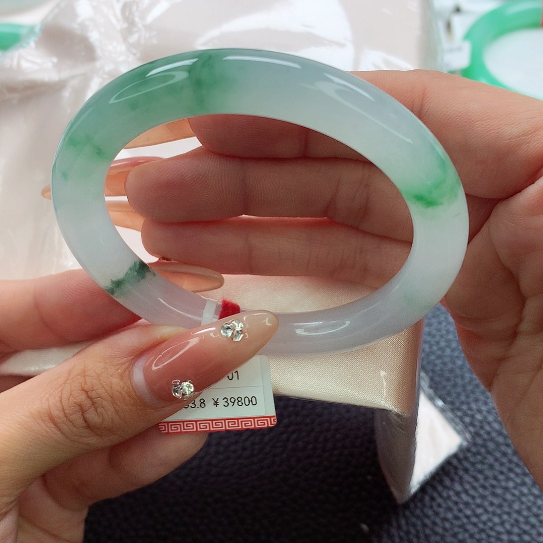 翡翠手镯未镶嵌53.54.55冰飘绿半山水9.5美人条