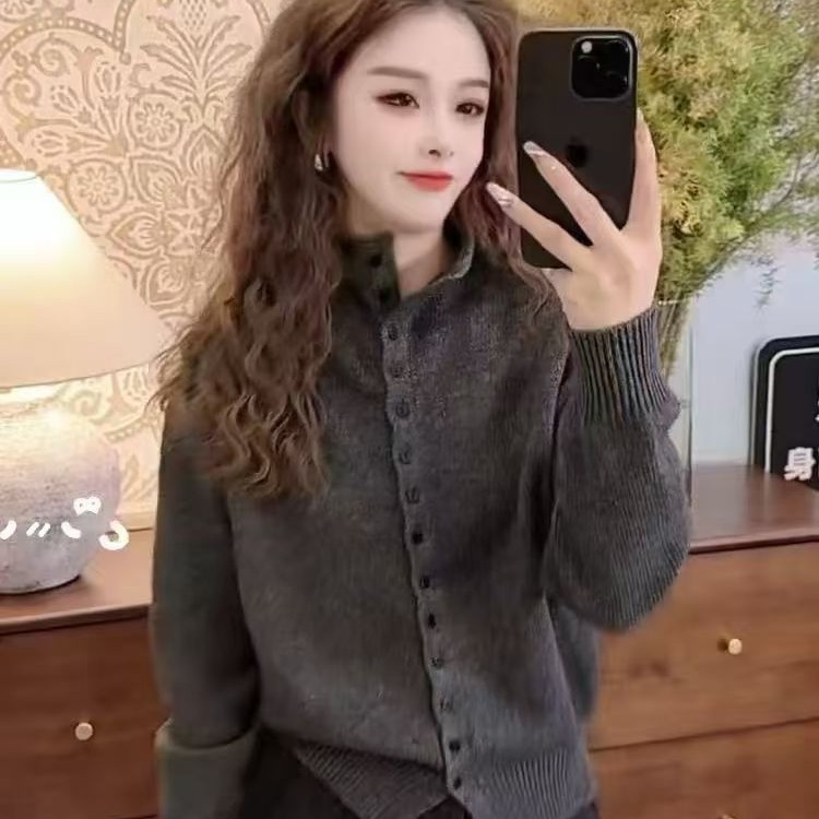 常规款翻领拼接女不褪色毛针织衫洋气气质上衣蕾丝