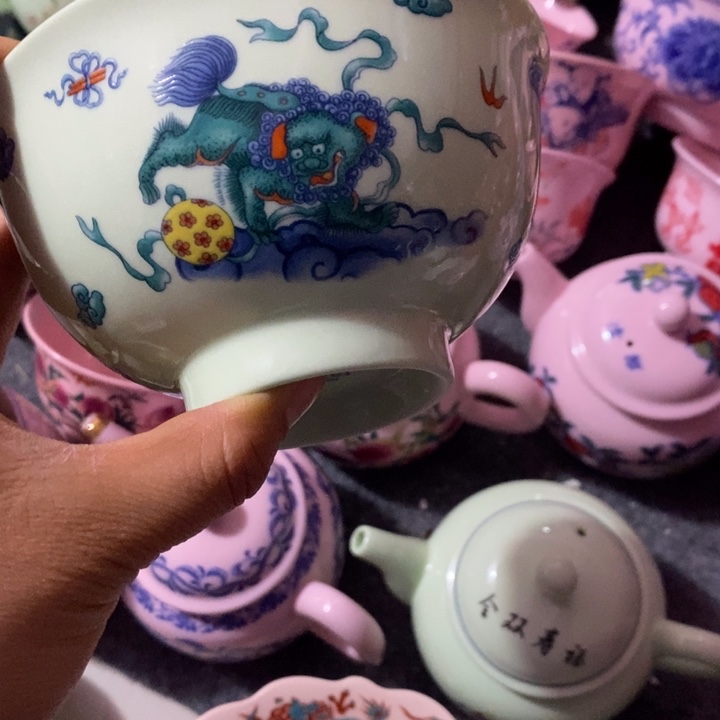 摆件陶5寸绿稀土狮子碗