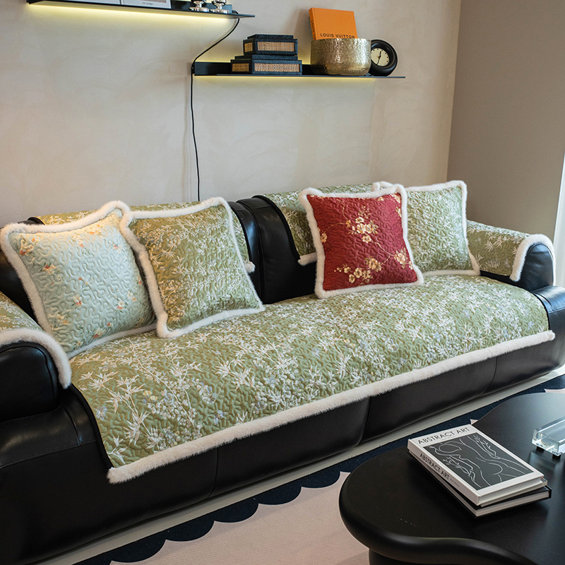 喜庆祥和田园风沙发垫新中式高档沙发坐垫秋冬加厚毛绒沙发套罩盖