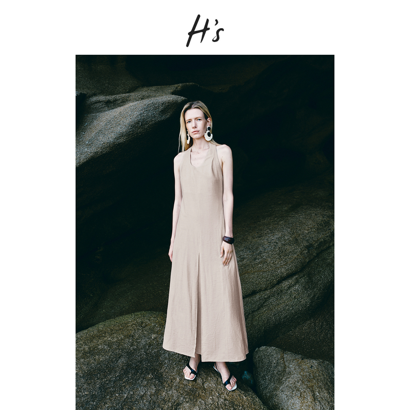 【25SS新品】H'S亚麻连衣裙25夏新款质感U领A摆不对称无袖挂脖裙