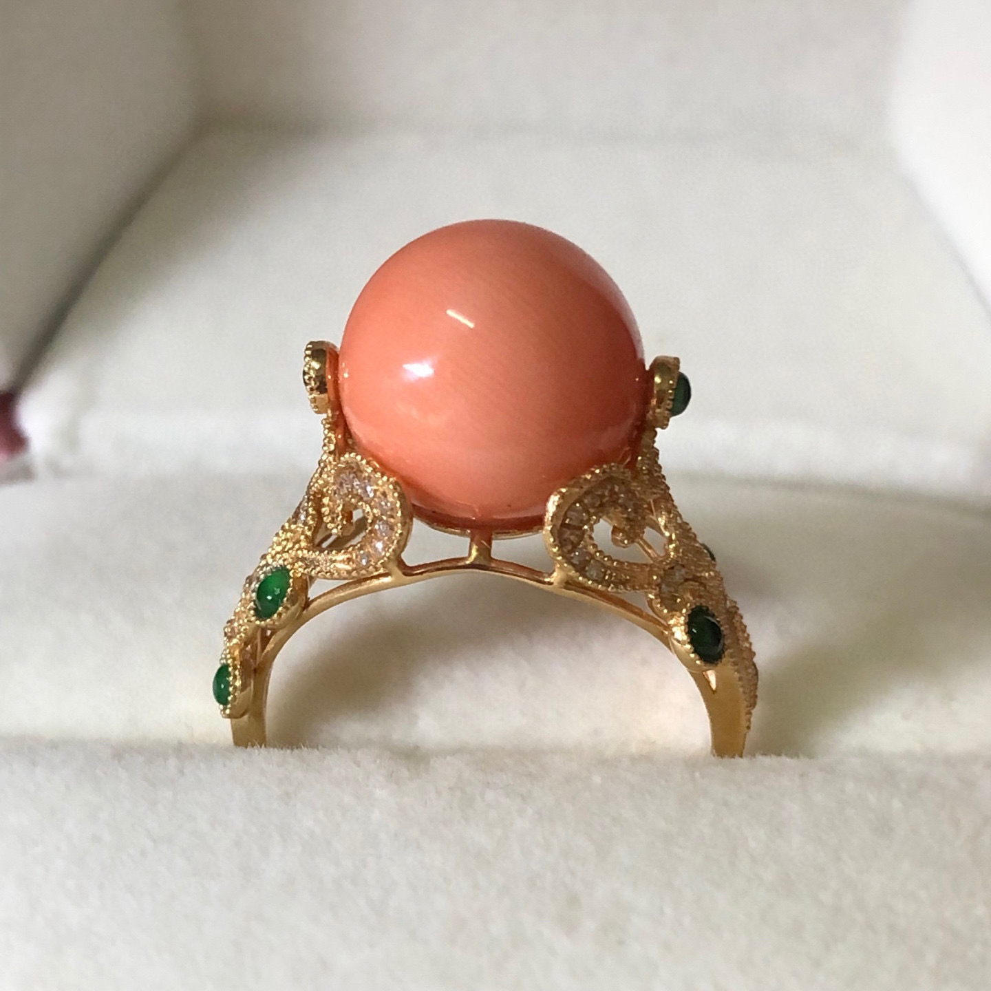 momo粉圆珠戒指，18K玫瑰金镶钻 复古风 裸石直径11mm 圈口14