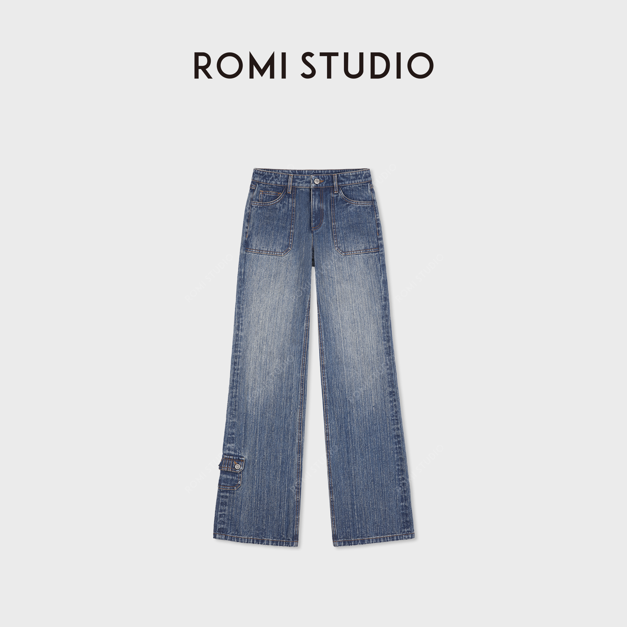 ROMI STUDIO“复古格调”渐变洗水无弹中腰微喇牛仔裤RWCAX86965