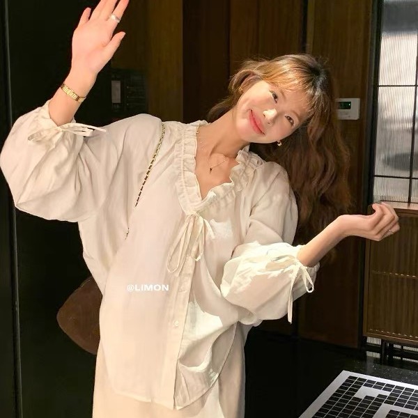 法式复古新款衬衫2025秋季木耳花边V领宽松上衣女气质甜美衬衫