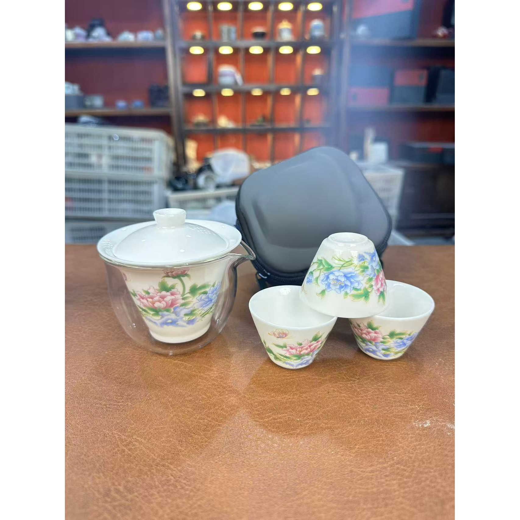LX634花开芙蓉盖碗三杯旅行茶具