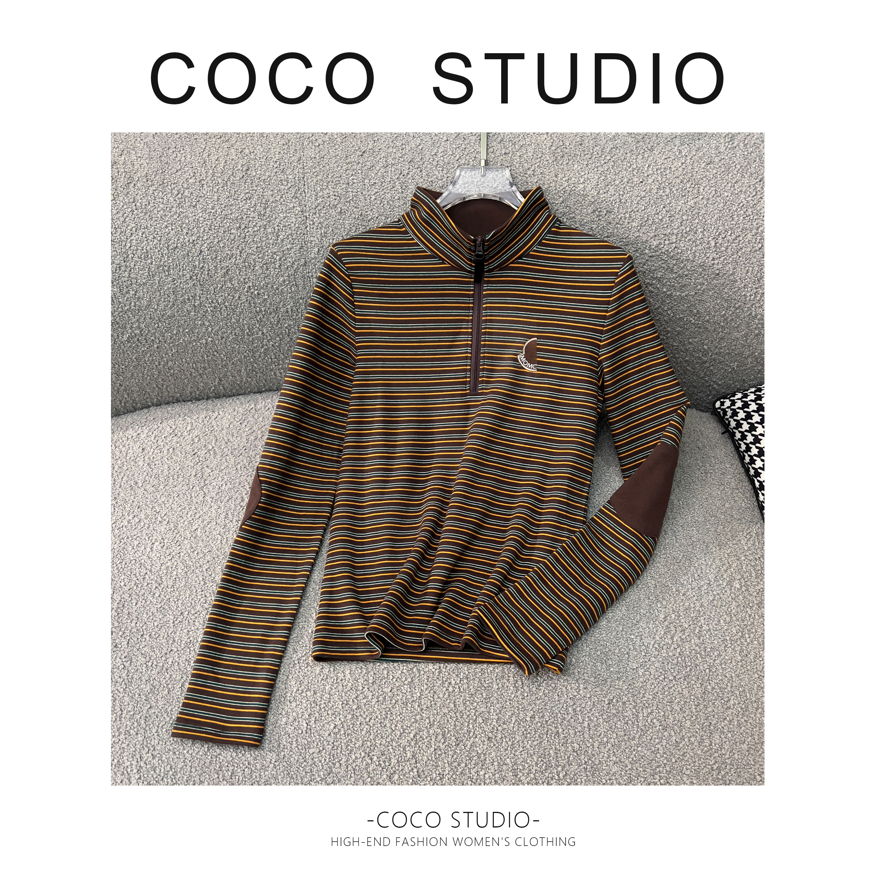 拉链套头款厚款包袖条纹女士立领轻奢休闲修身气质打底衫DDS205