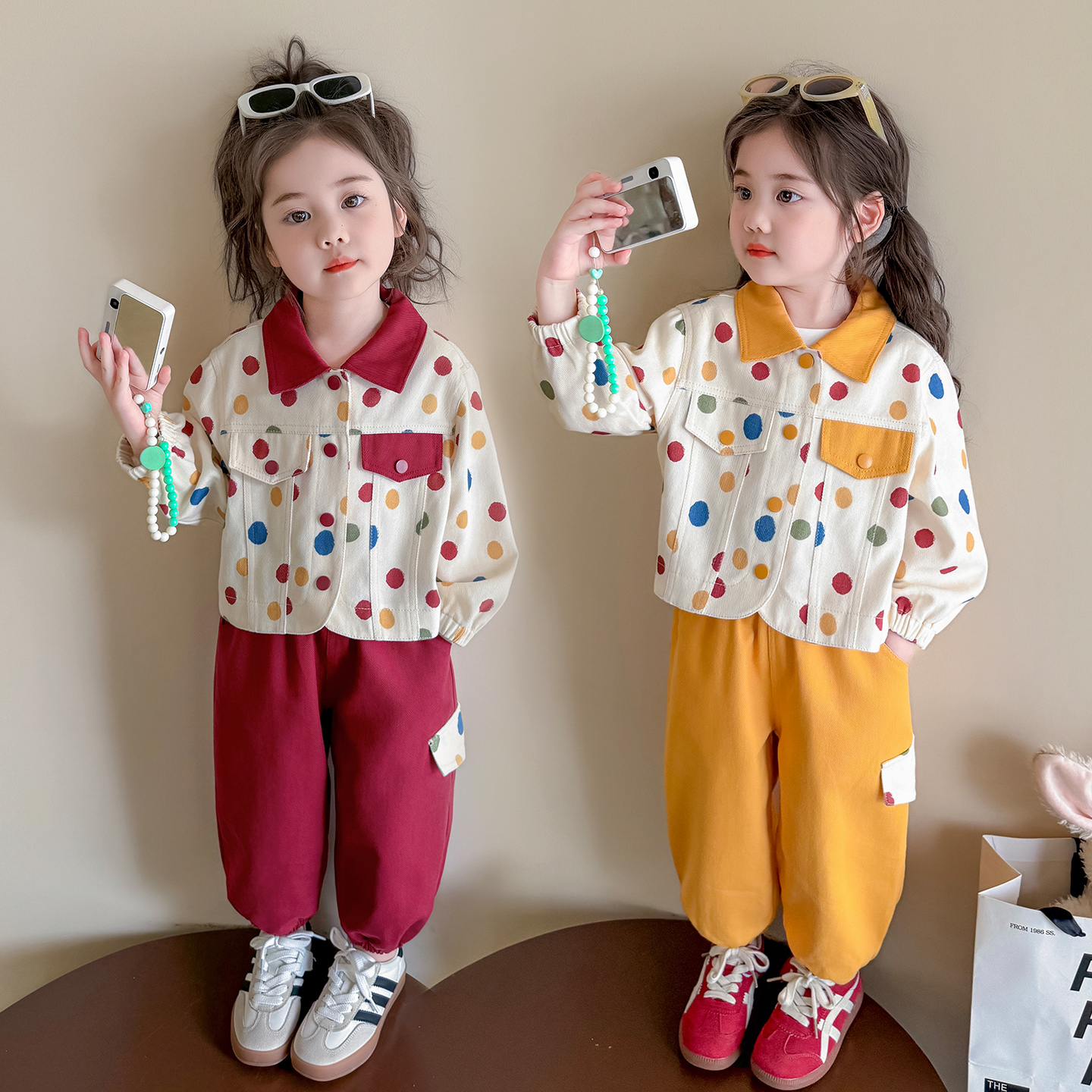 女童工装秋季套装2025新款儿童秋装波点女孩宝宝春秋季休闲两件套