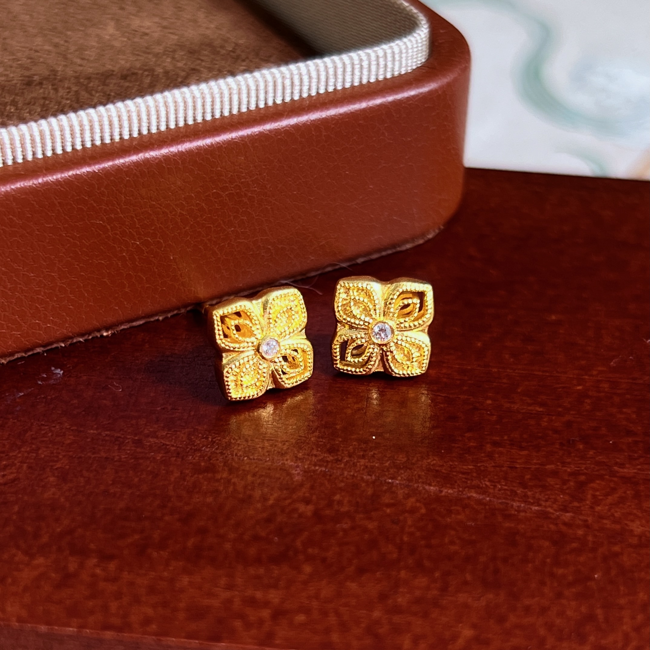 【若锦花丝耳饰】足金 拉丝 立体 花卉 精工 双层 点钻