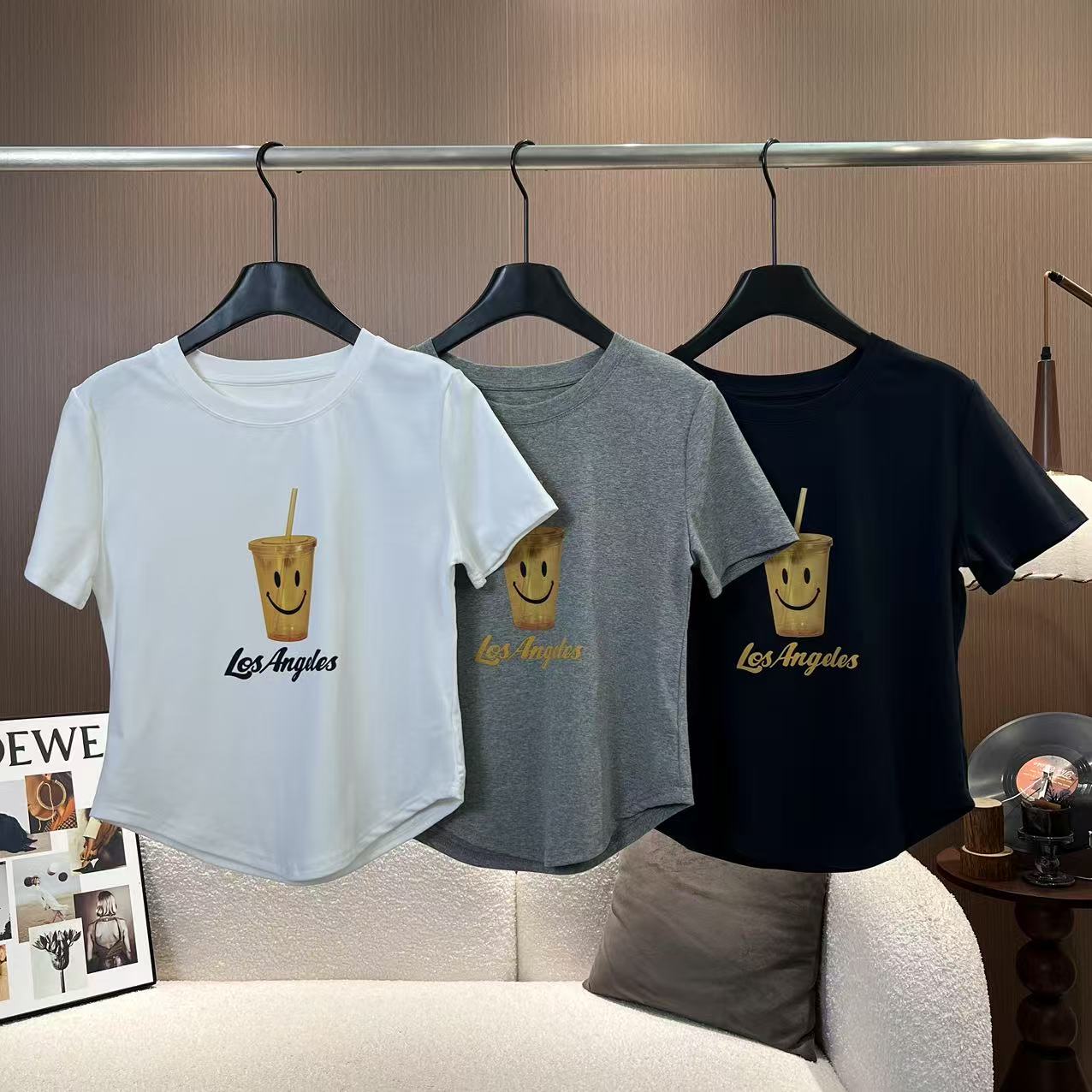 【笑脸茶杯T】新款韩系圆领印花通勤短款短袖T恤上衣88161