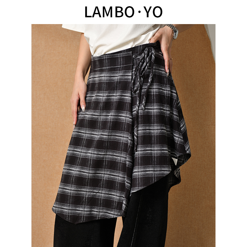 LAMBOYO2024冬季新款格纹不规则帅气绑带屁帘