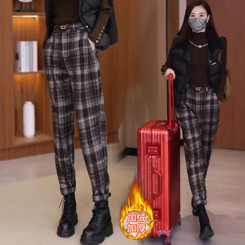 加绒加厚格子毛呢裤子女2025冬季新款显瘦保暖复古休闲高腰哈伦裤