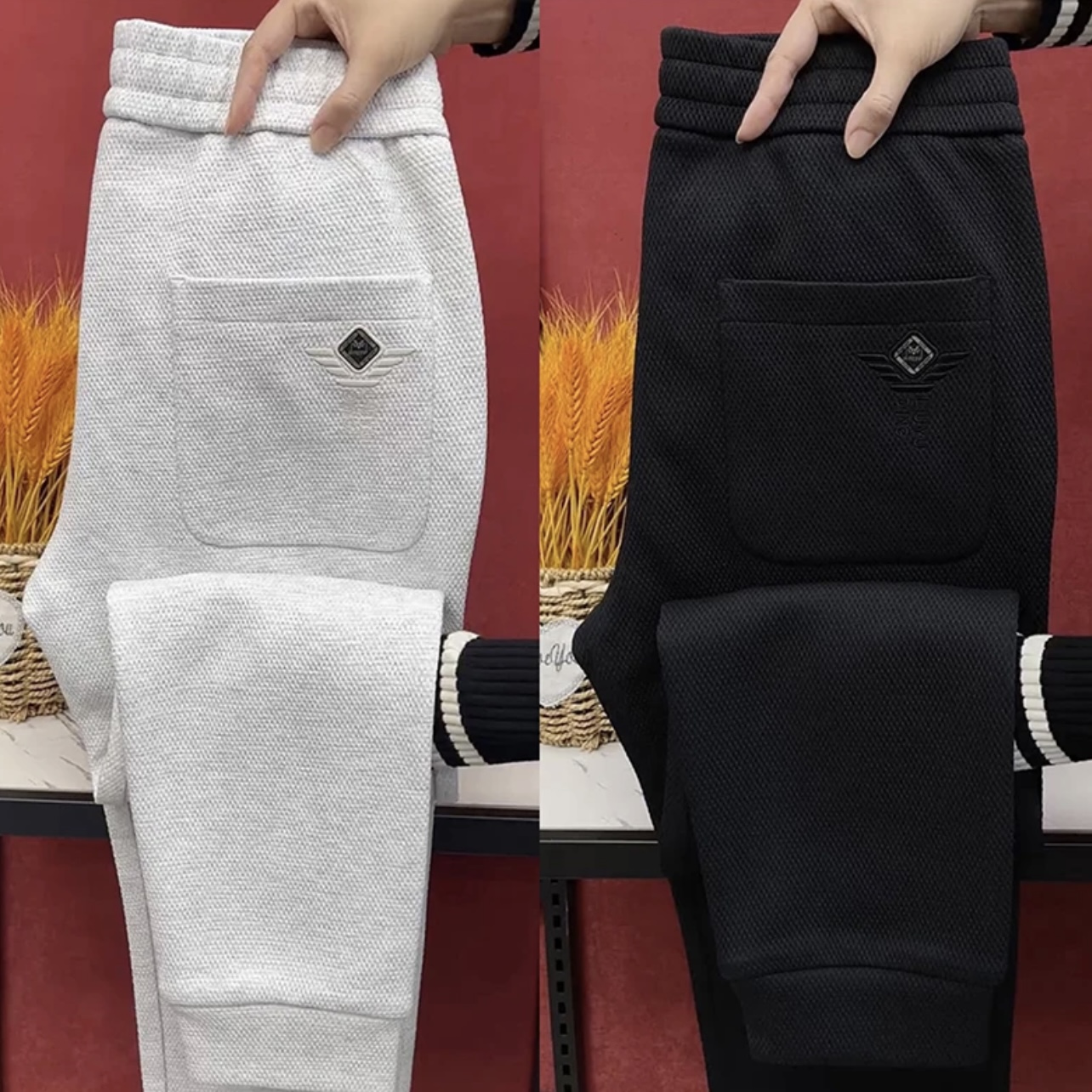 春季新款百搭宽松小脚哈伦裤子高品质男士华夫格休闲裤运动卫裤男