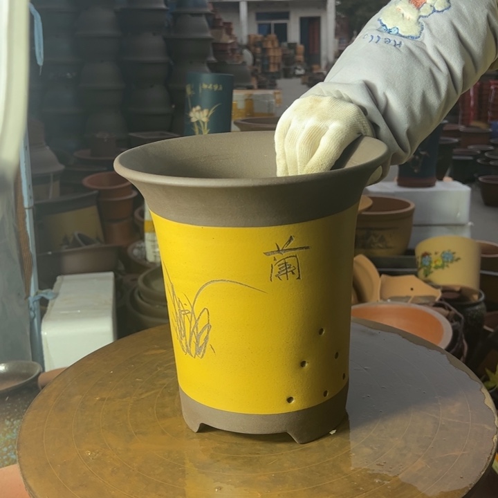 紫砂宜兴紫砂花盆24.5黄色兰花盆