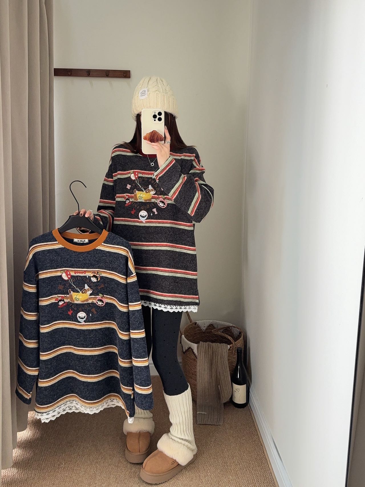 荔枝studio《减龄卡通》韩国冬季刺绣长袖宽松条纹中长打底衫T恤女