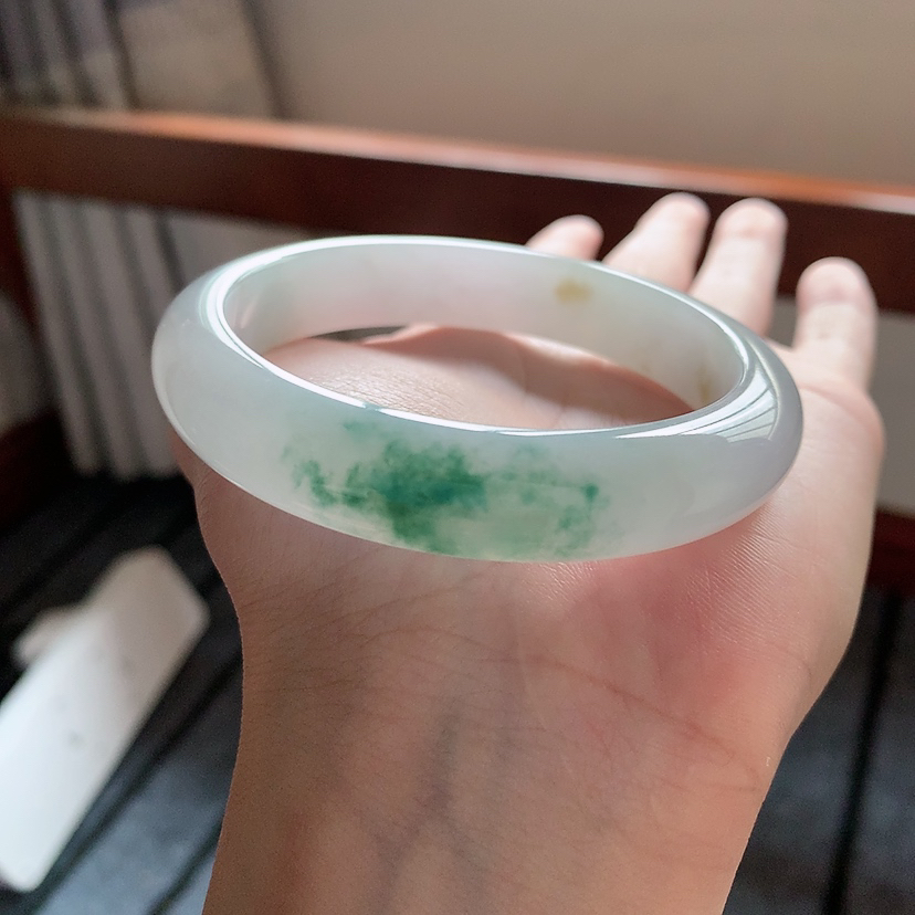 正圈57mm 冰糯种 冰飘花天然缅甸翡翠A货手镯