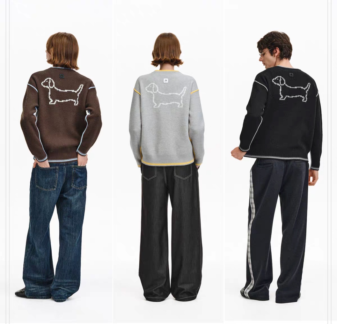 撞色圆领小狗毛衣 春秋冬季拼接假两件情侣设计感套头针织衫2667