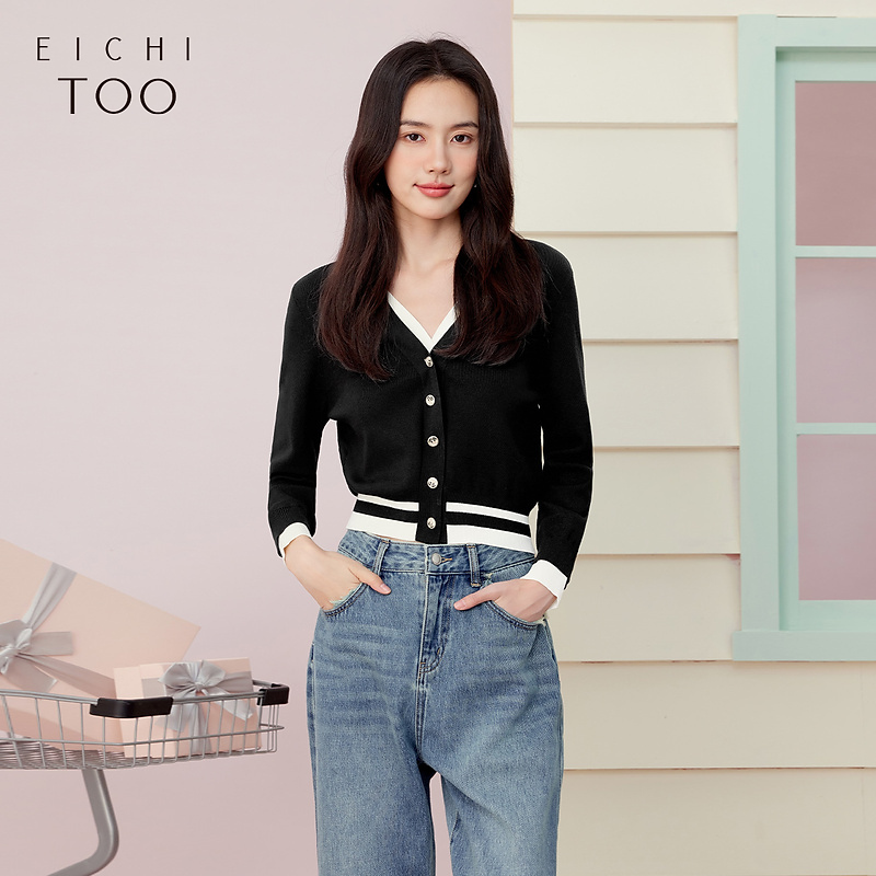 爱居兔春新经典黑白撞色高级时尚假两件针织衫外套EWZSJ1P007A