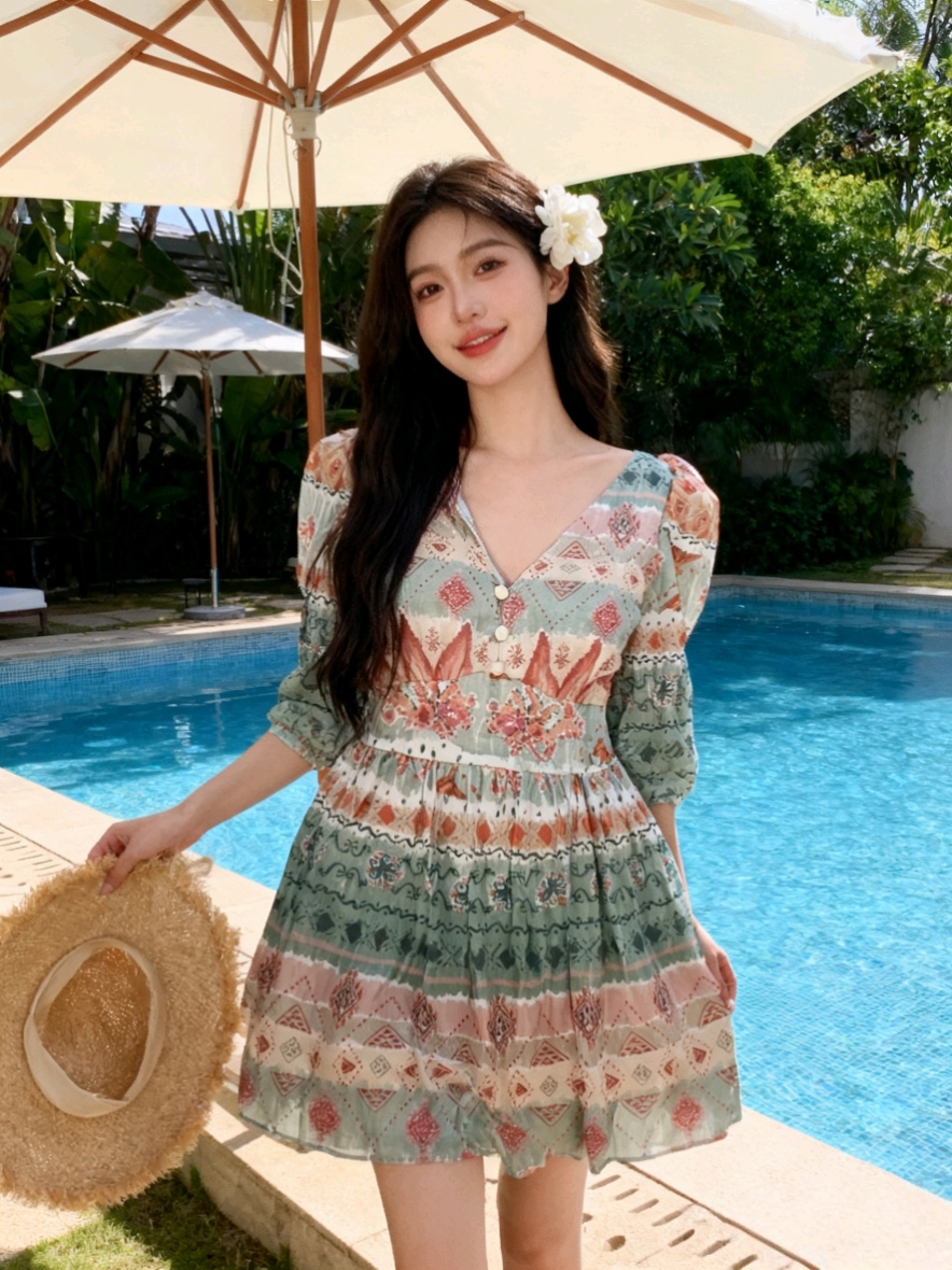 2025高级大码显瘦长袖度假遮肚裙式平角温泉泳衣