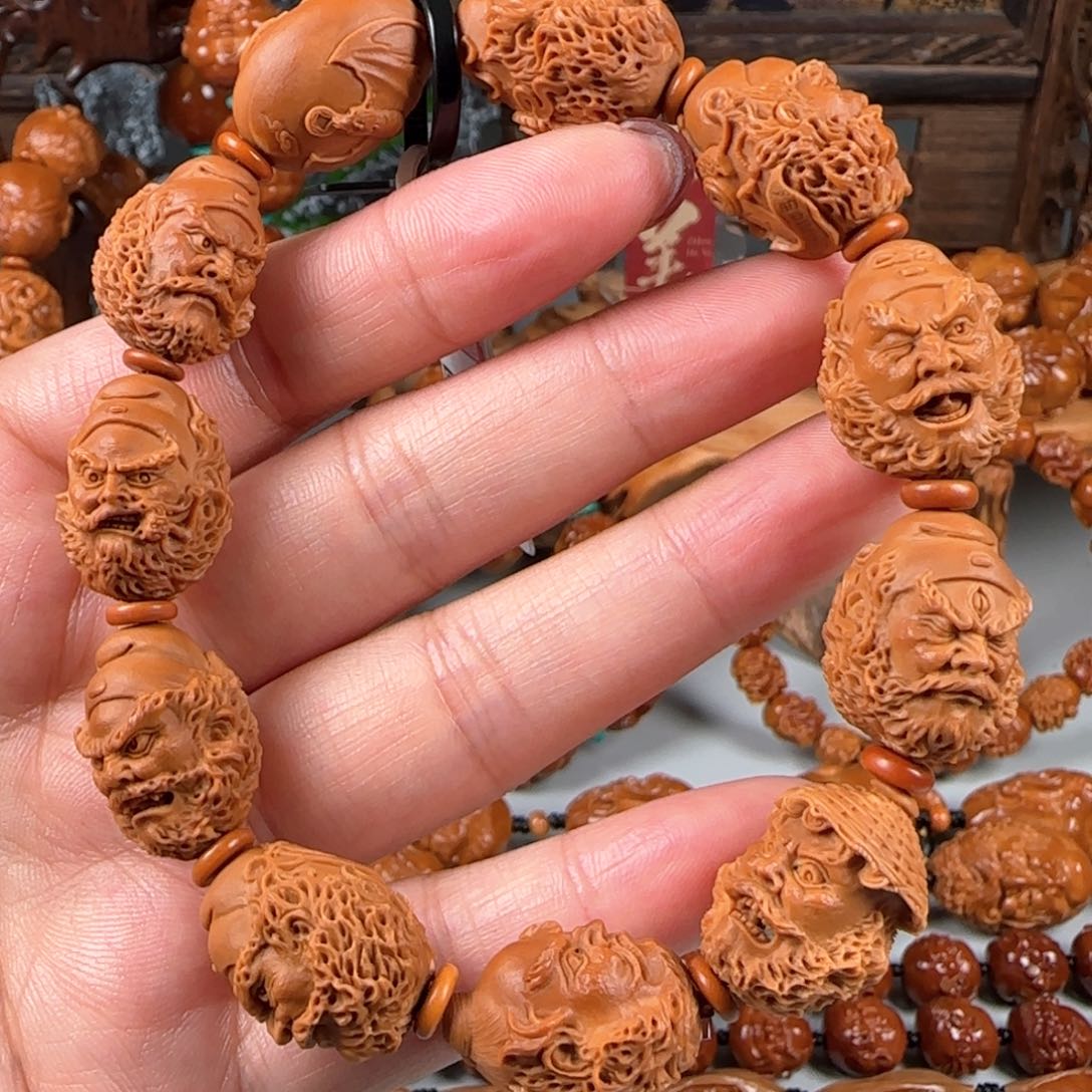 橄榄核手串/手链宽1.6小籽梅林鸡血红核钟馗纳福