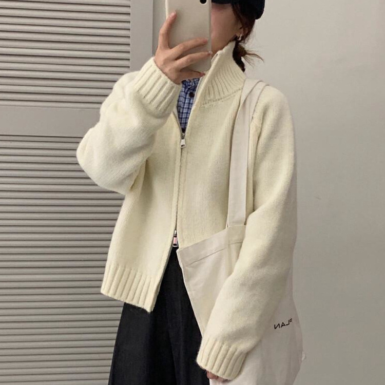 冬新款双拉链高领厚款高级感针织开衫上衣慵懒风毛衣女外套